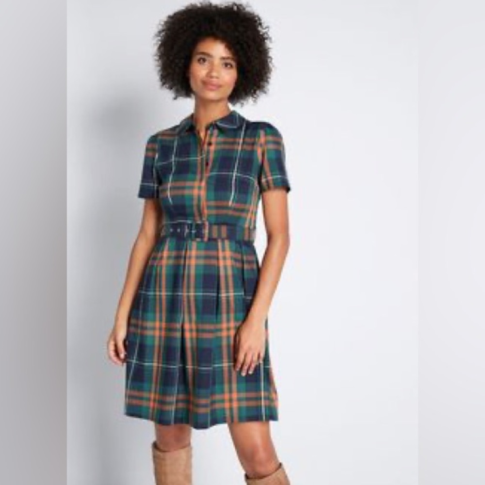 NWT ModCloth Belted Plaid Dress